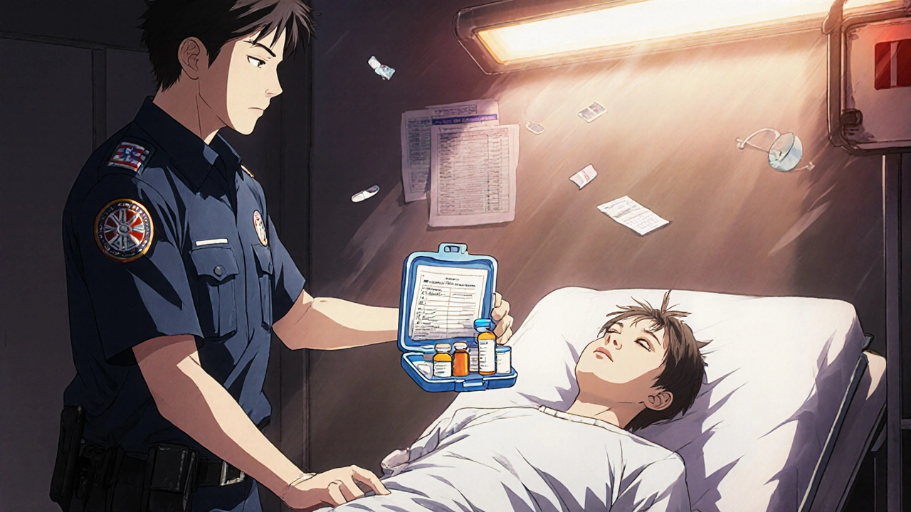 A paramedic handing medical records to a doctor in an ER, with an unconscious patient on a gurney.