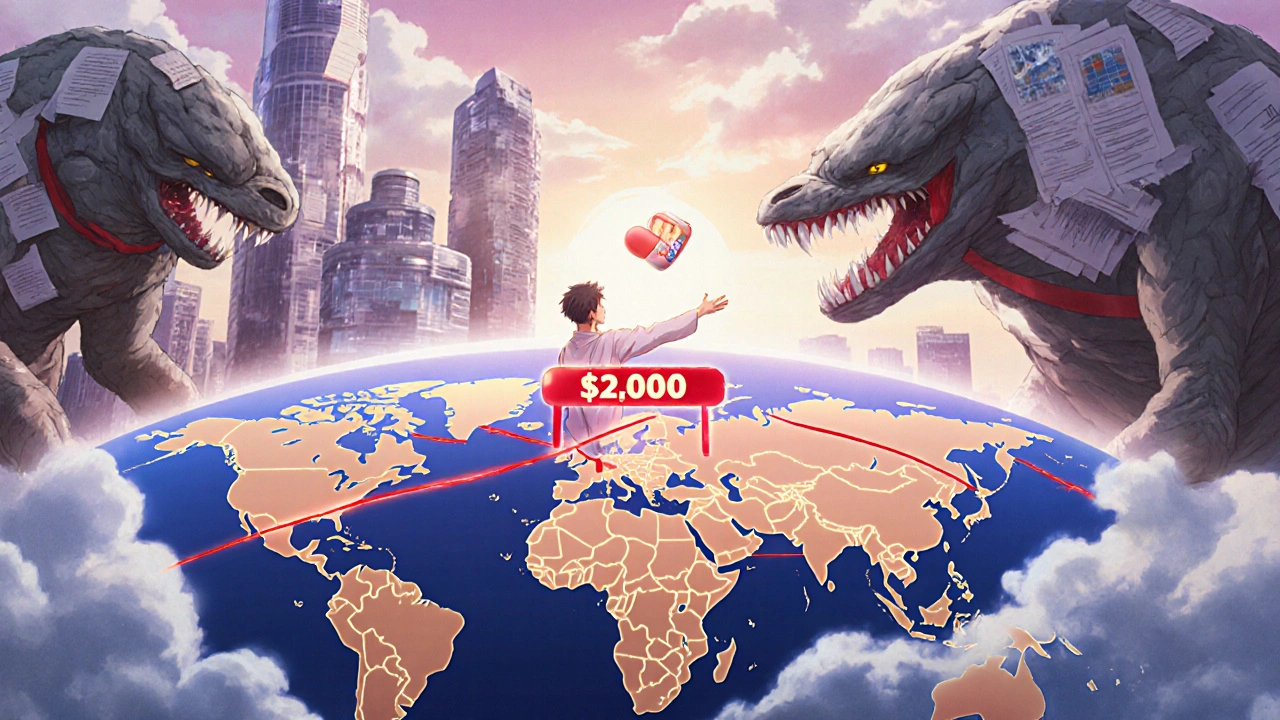 A patient reaching for a low-cost generic drug while global regulatory barriers block the way.