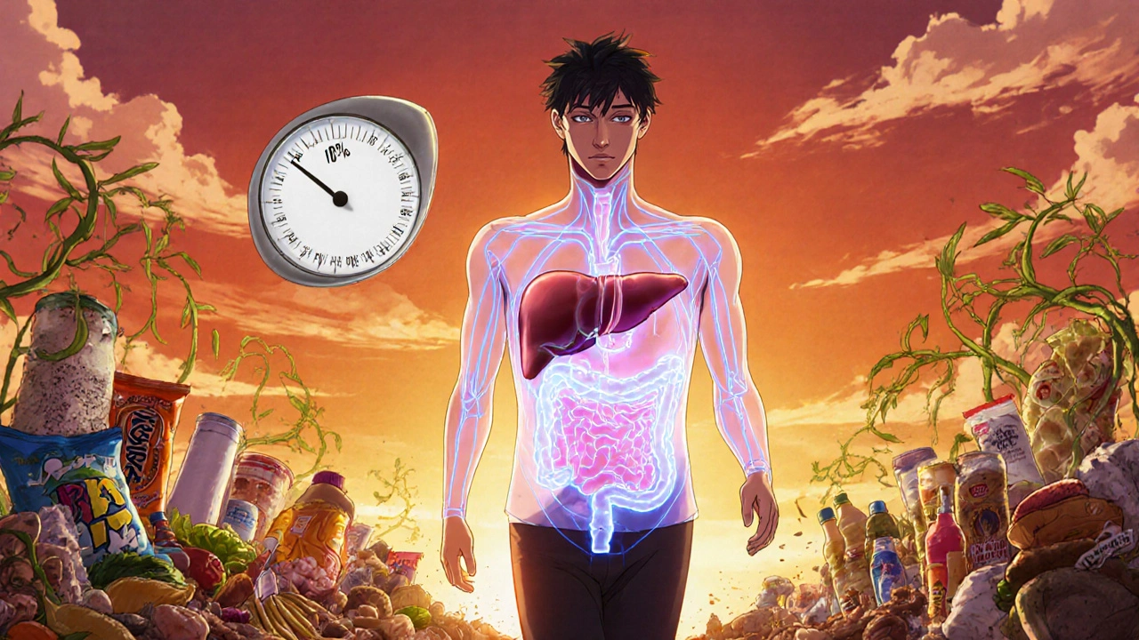 A person walking at sunset with transparent body revealing improving liver and gut health as weight decreases.