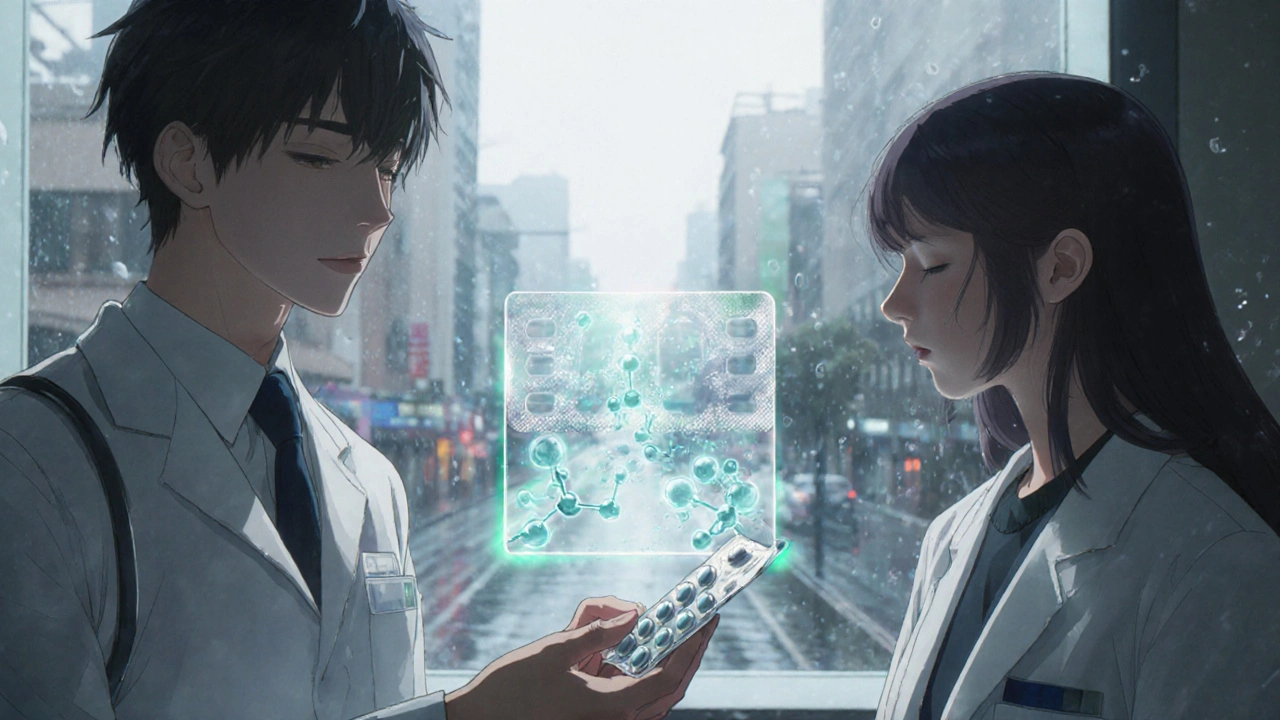 A pharmacist giving a moisture-resistant pill pack to a patient, with a humid cityscape visible through the window.