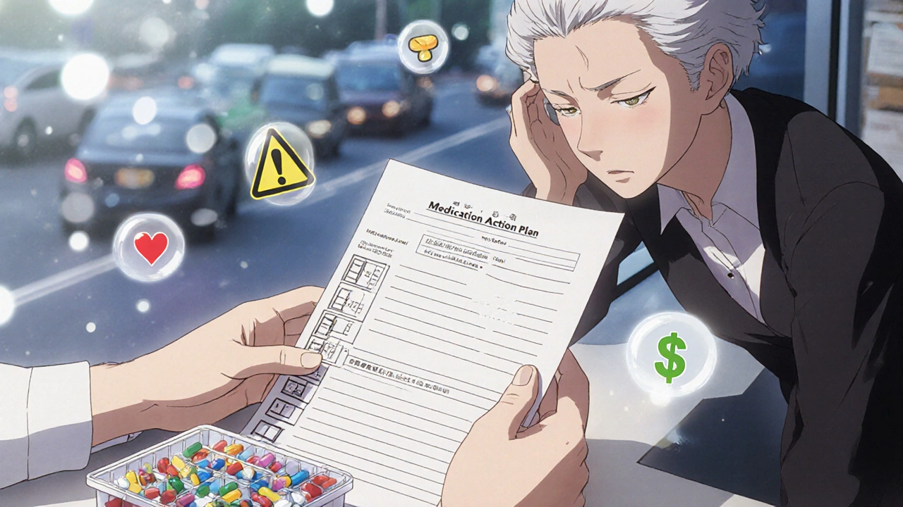 A pharmacist hands a printed medication plan to an elderly patient, with pill organizer and floating safety icons nearby.