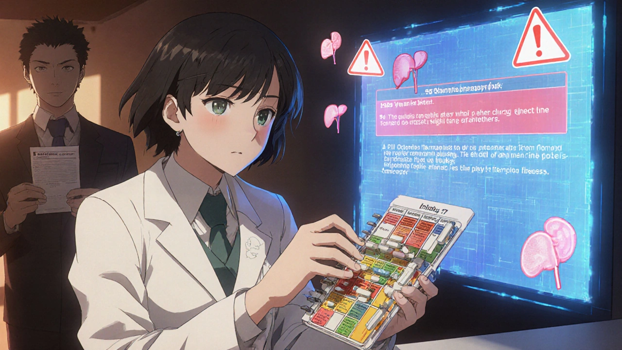 A pharmacist organizing generic pills into a weekly organizer while warning alerts flash on a screen behind them.
