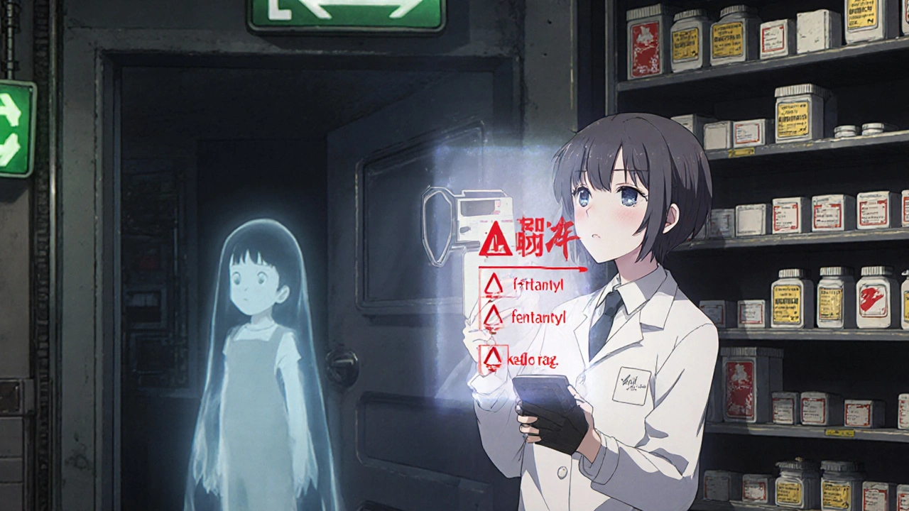 A pharmacist using a device to detect contaminants in a fake pill, holographic warnings floating in air, a fading ghostly child in the background.