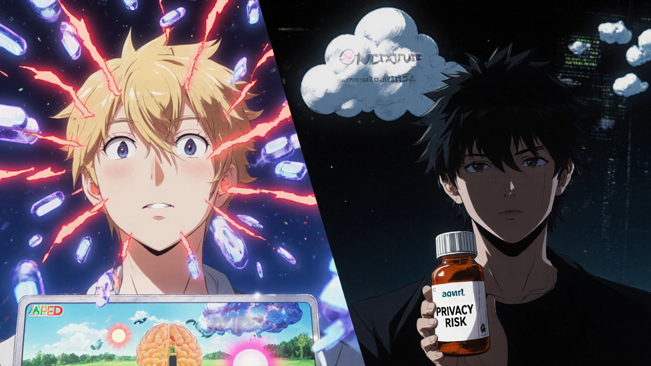 A split scene showing a video game therapy causing side effects while linked to stimulant medication.