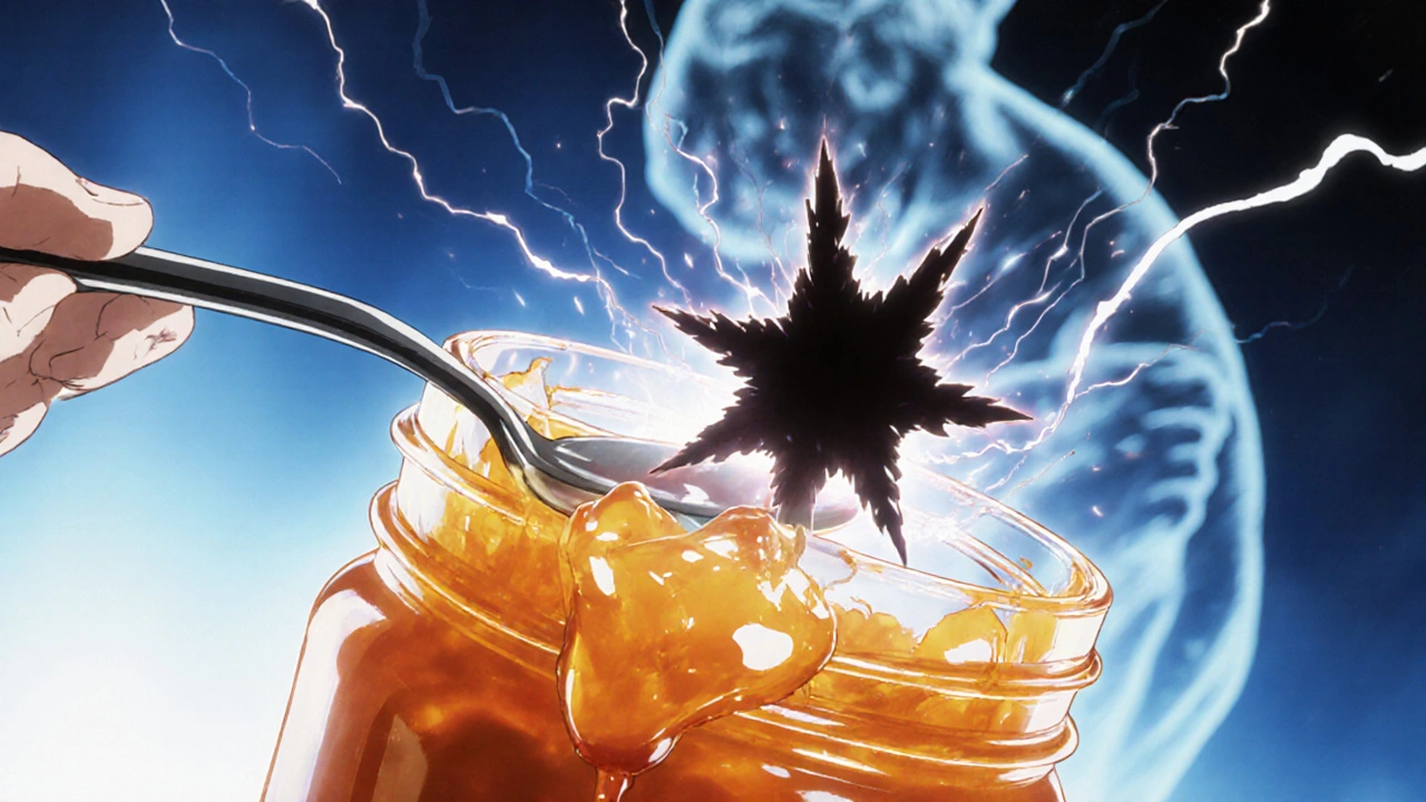 A spoon of Seville orange marmalade emitting dark energy tendrils shaped like broken enzymes.