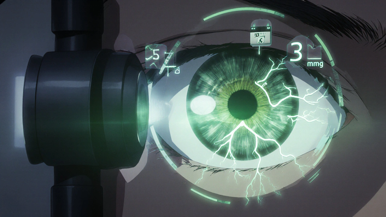 An ophthalmologist measuring eye pressure with a precision instrument, glowing readouts showing dangerous pressure rise, detailed medical setting.