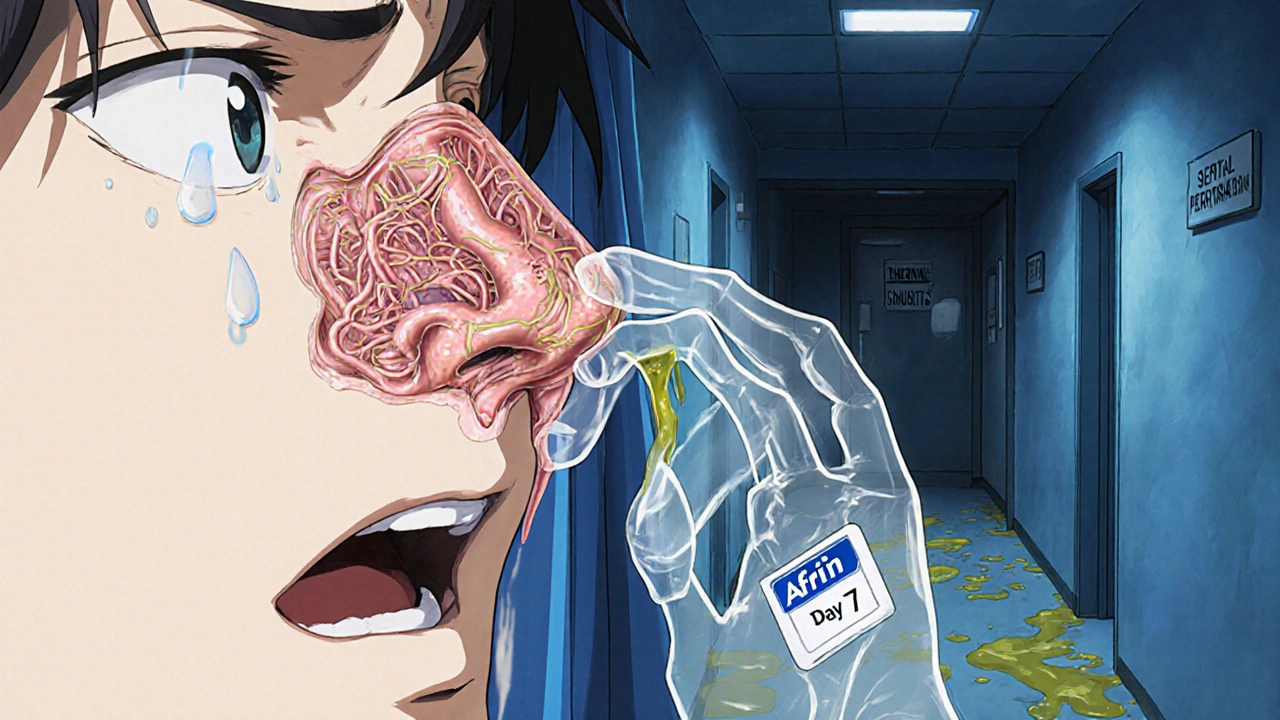 Close-up of face sneezing, with chaotic blood vessels visible in nasal passages and ominous door labels in the background.