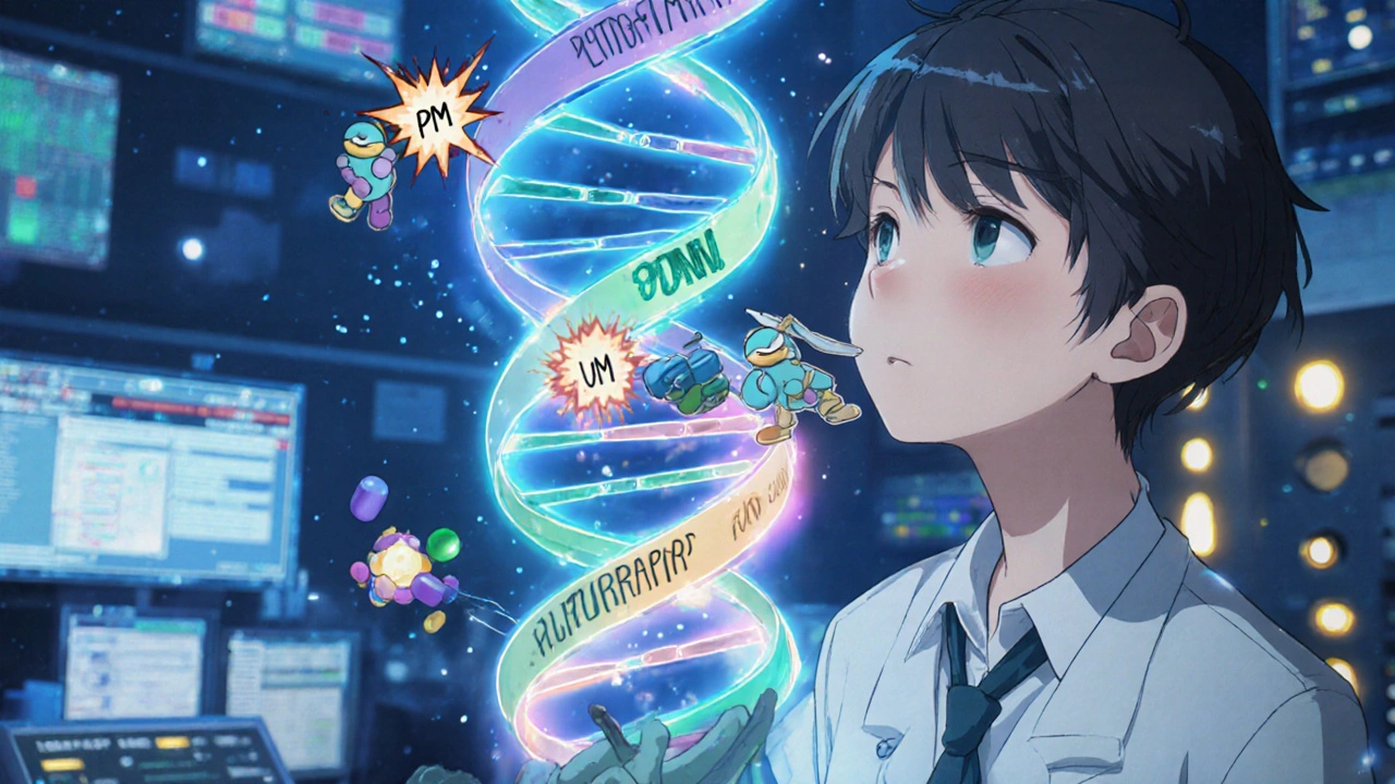 DNA helix splitting into four metabolic paths with drug molecules moving differently along each branch.