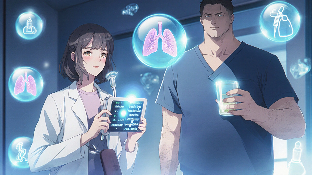 Doctor holding diagnostic readouts beside two COPD patients — one with oxygen tubing, the other holding a mucus cup — in a neon-lit clinic.