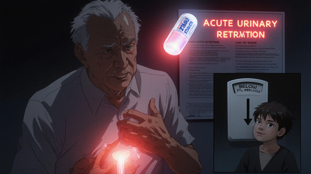 Elderly man struggling to urinate with a Zyrtec pill emitting a warning aura beside him.