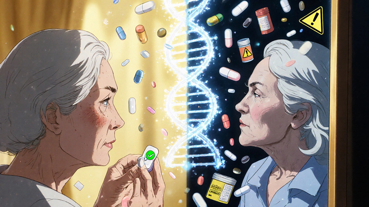 Elderly woman&#039;s split reflection: one healthy with one pill, the other frail surrounded by chaotic pills and warning symbols.