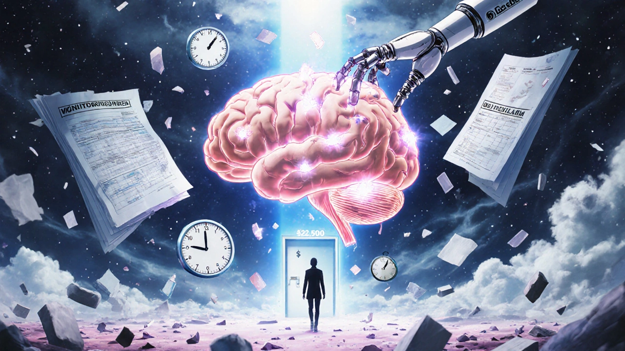 Human brain with amyloid plaques being removed by a robotic arm, surrounded by MRI machines and medical data.