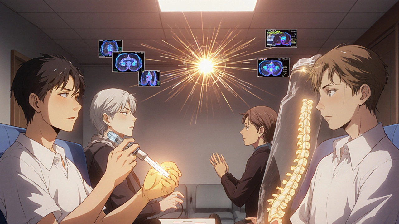 Patients in a clinic receiving TNF inhibitor treatments with healing energy connecting to their spines.