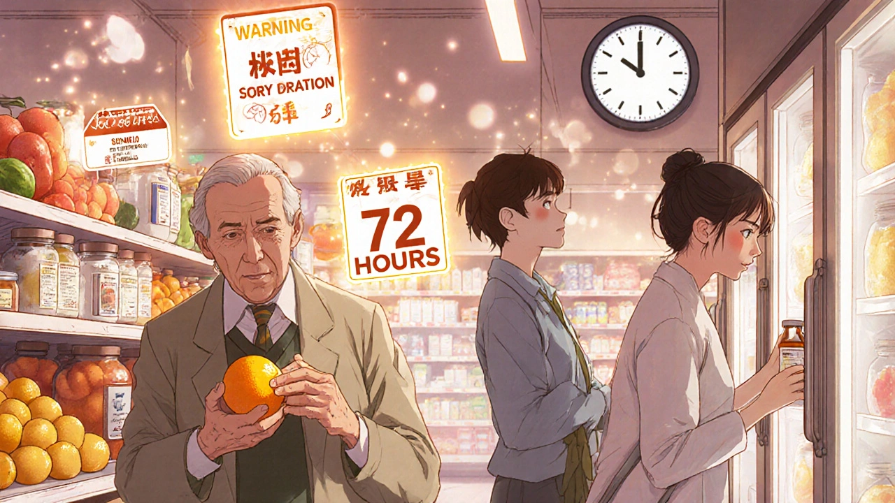 People in a pharmacy choosing safe citrus fruits while warning signs float above dangerous ones.