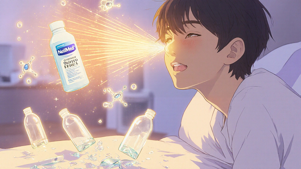 Person using saline rinse with warm light in nasal passages, broken spray bottles on floor, healing symbols glowing.