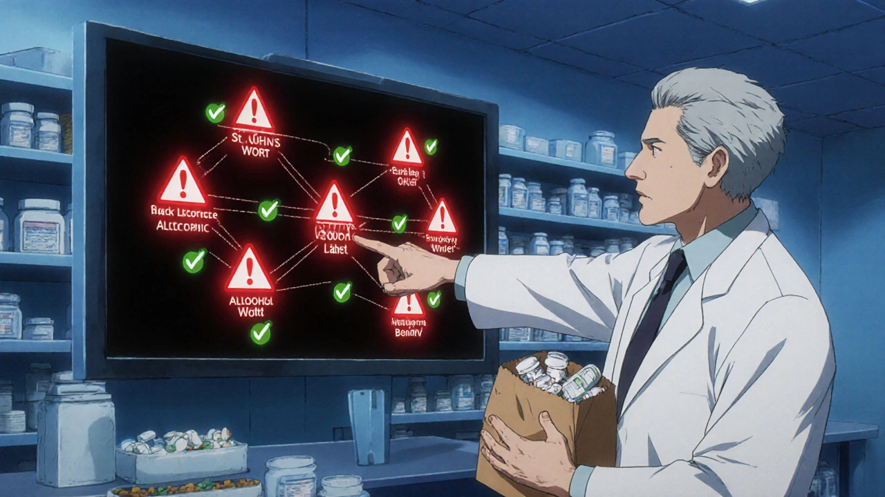 Pharmacist pointing to digital drug interaction warnings while elderly patient holds brown bag of medications.