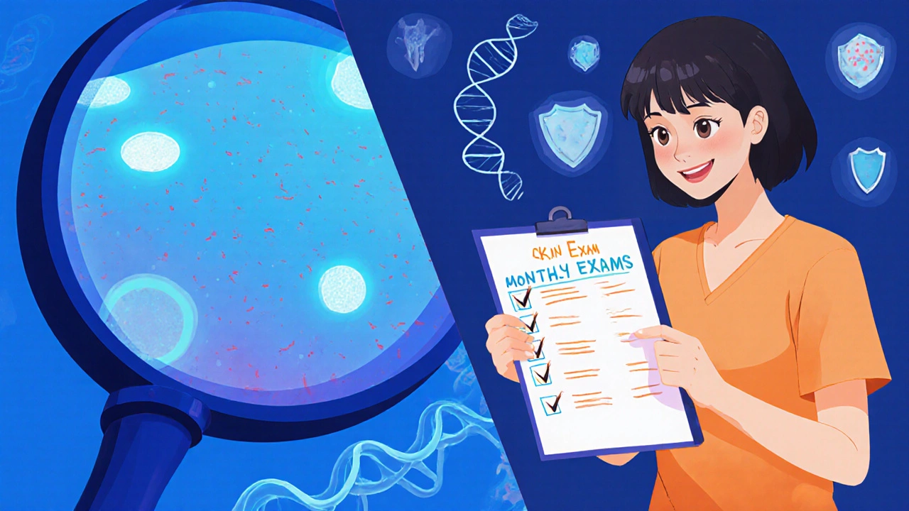 Split image of skin cancer under magnification and patient getting a skin checkup