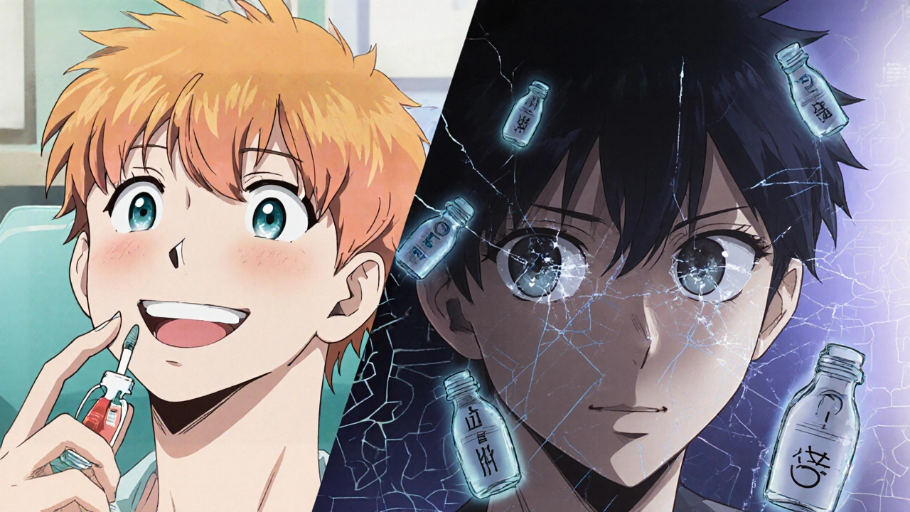 Split image: one side shows healthy eye use, the other shows cataract damage and fading vision from prolonged steroid use.