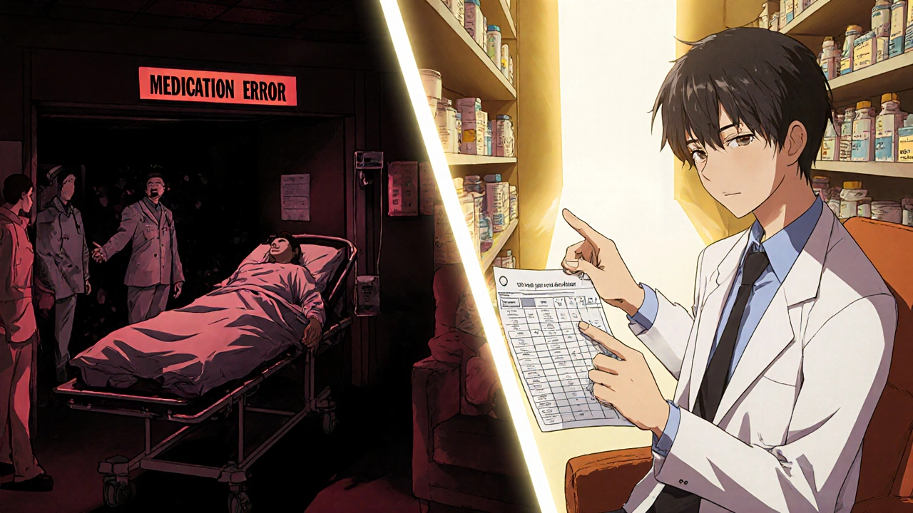 Split scene: chaotic ER on left, calm pharmacy on right, showing how consultation prevents hospital visits.