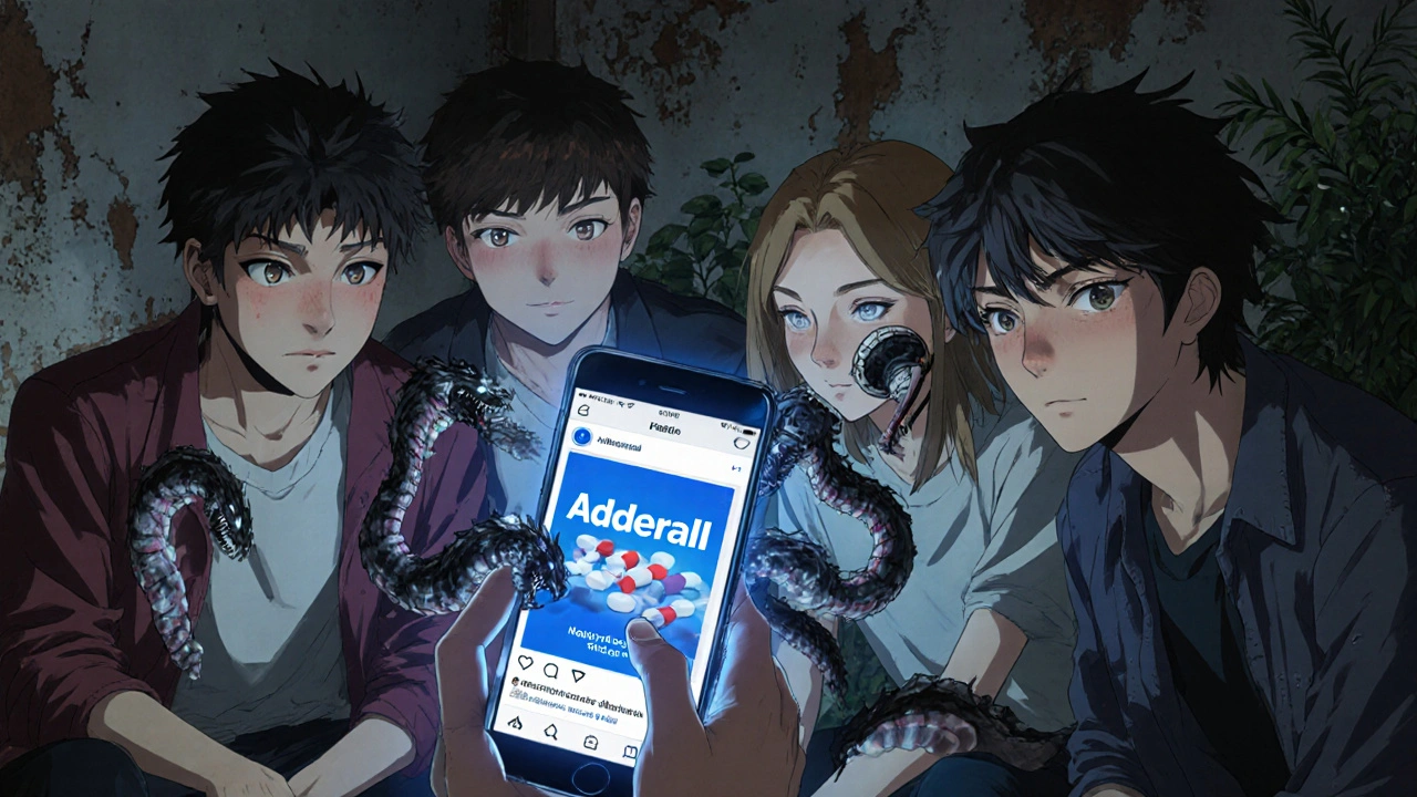 Teenagers mesmerized by a social media ad for fake Adderall, shadowy poison creatures emerging from the screen as their environment decays.