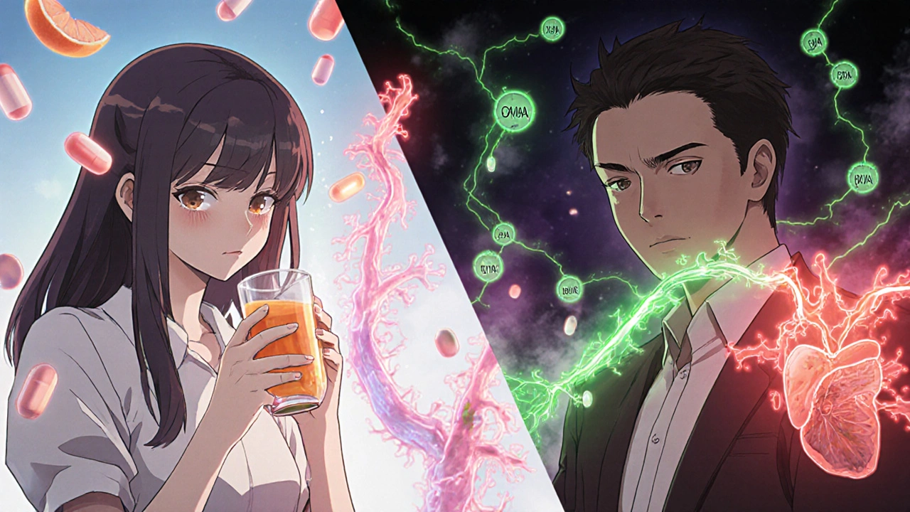 Woman drinking grapefruit juice while her blood vessels glow red, opposite man&#039;s pills dissolving from herbal interaction.