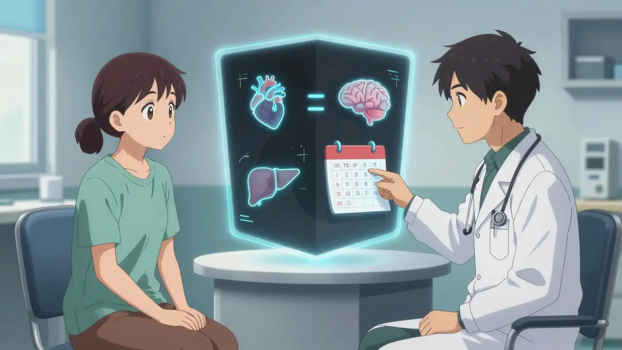 A doctor and patient discussing a floating holographic black box warning with health risk icons, calm clinic setting, blue lighting.