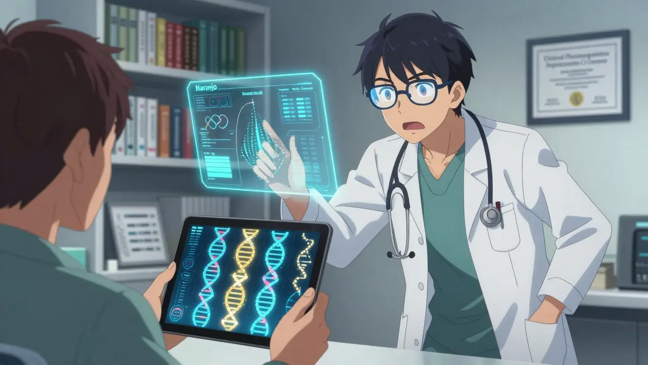 A doctor reviews a holographic drug reaction scale while a patient holds a genetic testing tablet.
