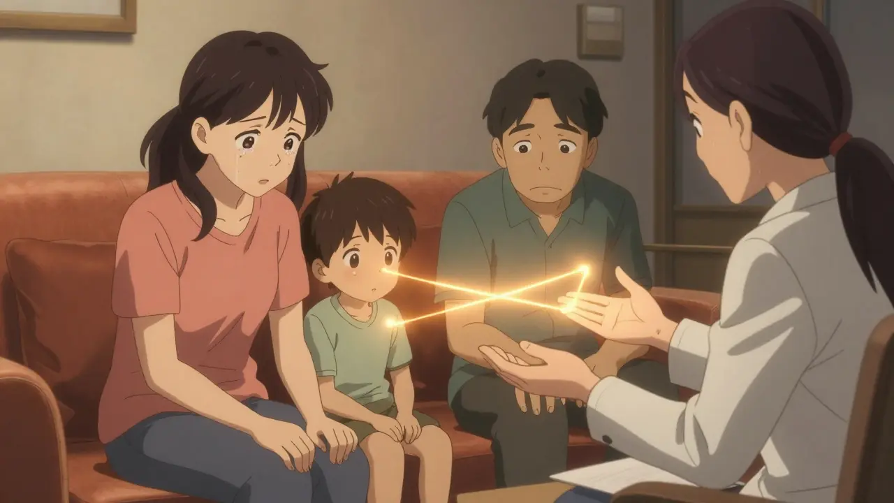 A family in therapy reconnects as golden emotional bonds glow between them.