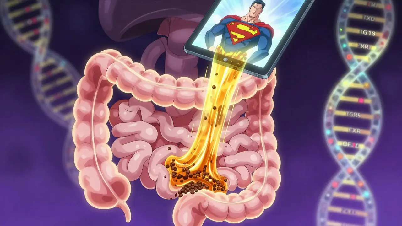 A glowing intestine with bile acids flooding the colon, intercepted by a binder tablet and glowing genes in the background.