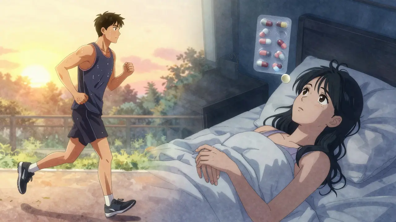 A man jogging at sunrise contrasts with a woman lying in bed, pills floating above her in translucent form.