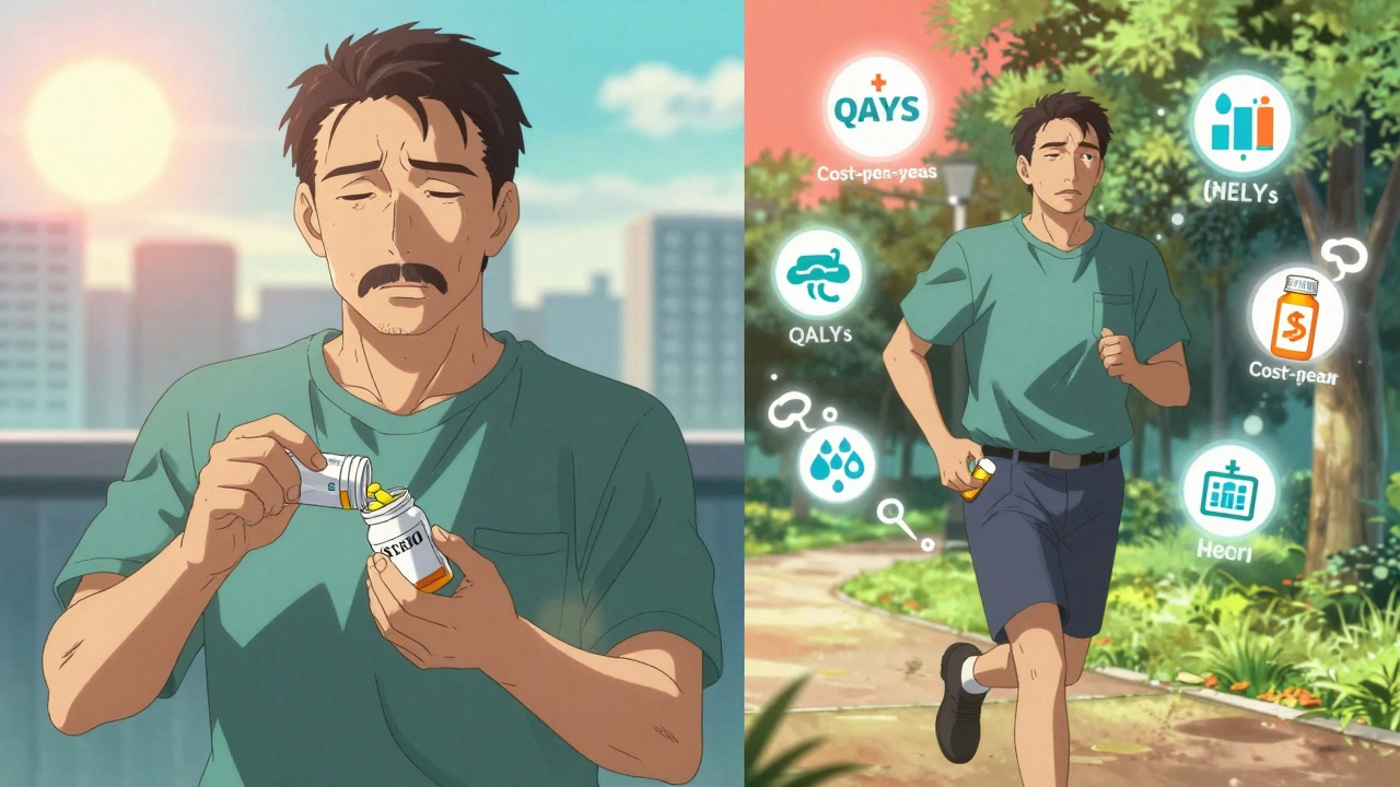 A man switching from expensive brand medication to affordable generic, now healthy and jogging with cost savings visuals in the background.