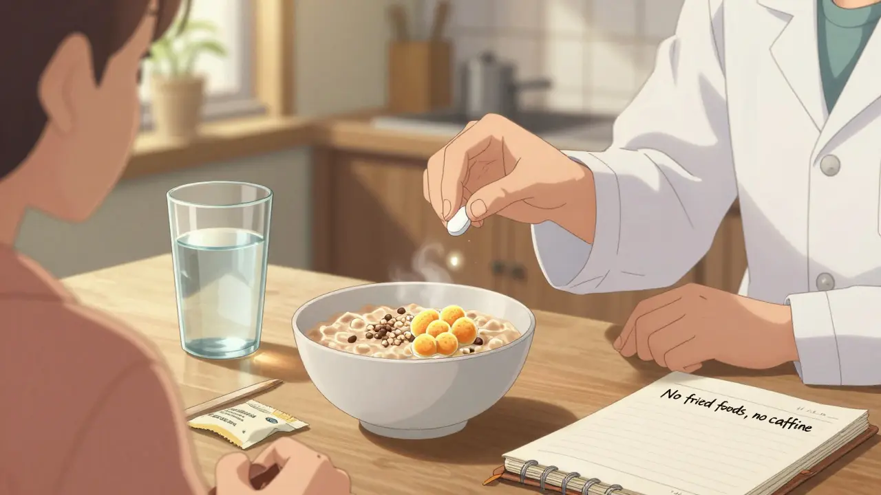 A patient receiving a bile acid binder tablet in a kitchen, with oatmeal and psyllium packets on the counter.
