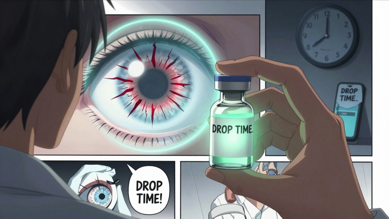 A pharmacist giving a preservative-free eye drop vial as glowing light repairs microscopic eye damage, with a 2 a.m. alarm visible.