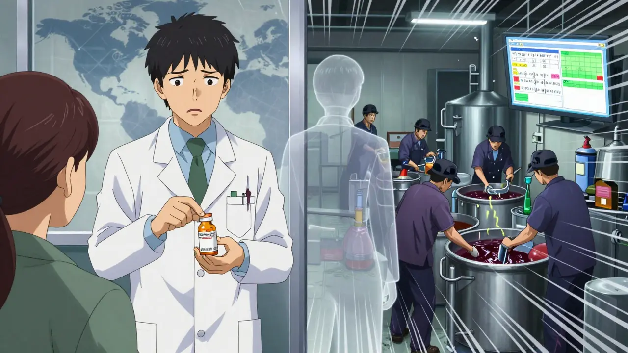 A pharmacist handing a pill to a patient while behind them, a chaotic factory falsifies test results under flickering lights.