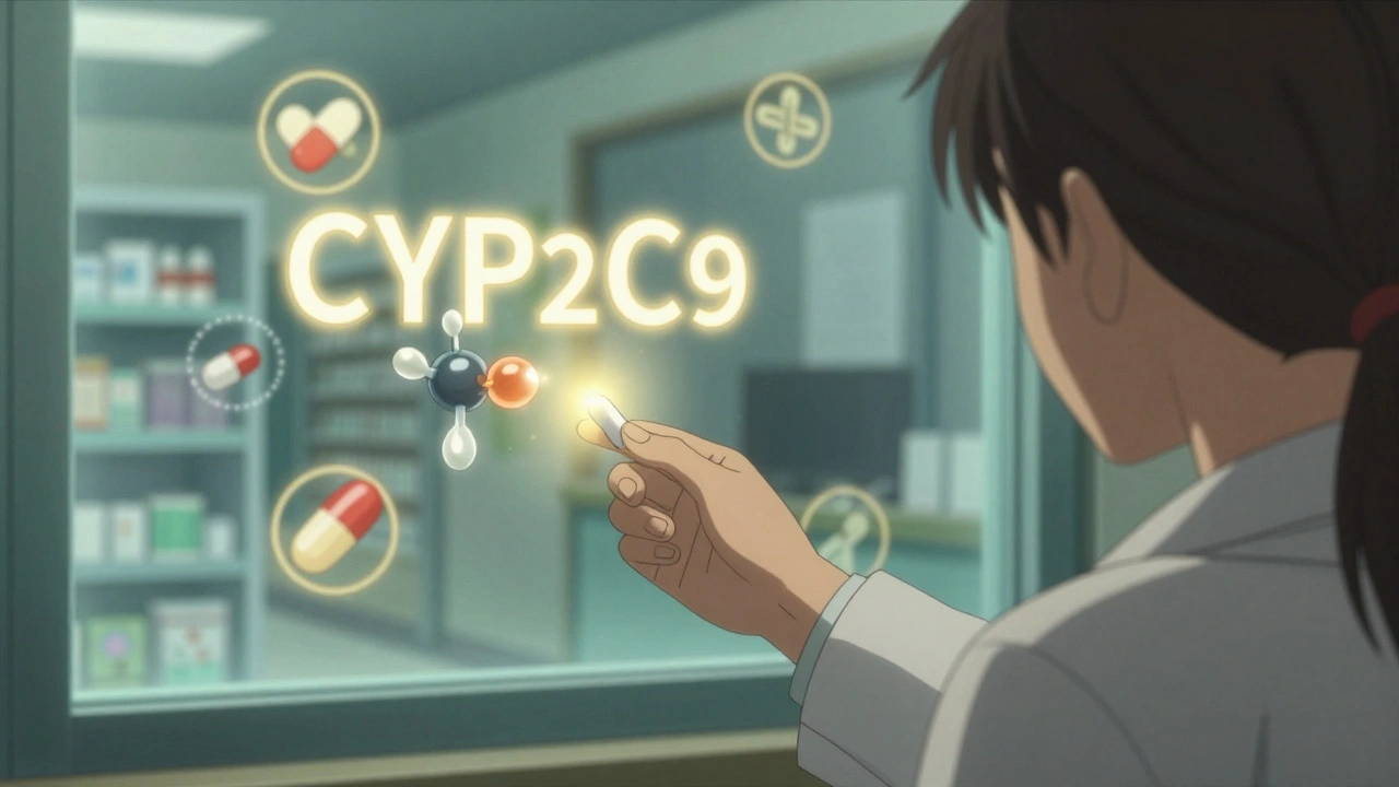 A pharmacist hands a fluconazole tablet to a patient while warning signs glow around interacting liver enzymes.