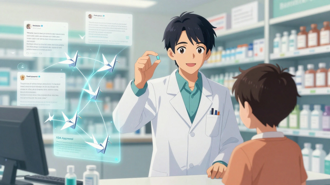A pharmacist helps a patient understand generics with glowing educational visuals.
