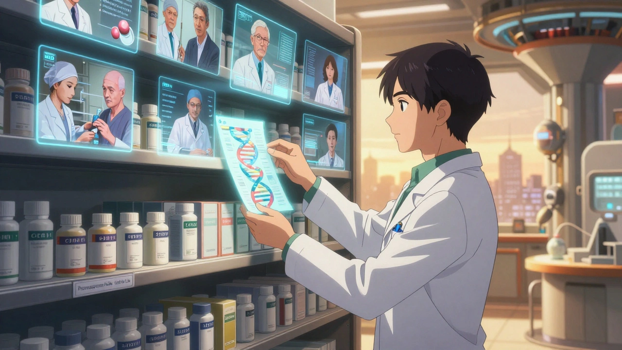 A pharmacist retrieves a glowing DNA file from an archive, with holograms of patients receiving gene-guided treatments.