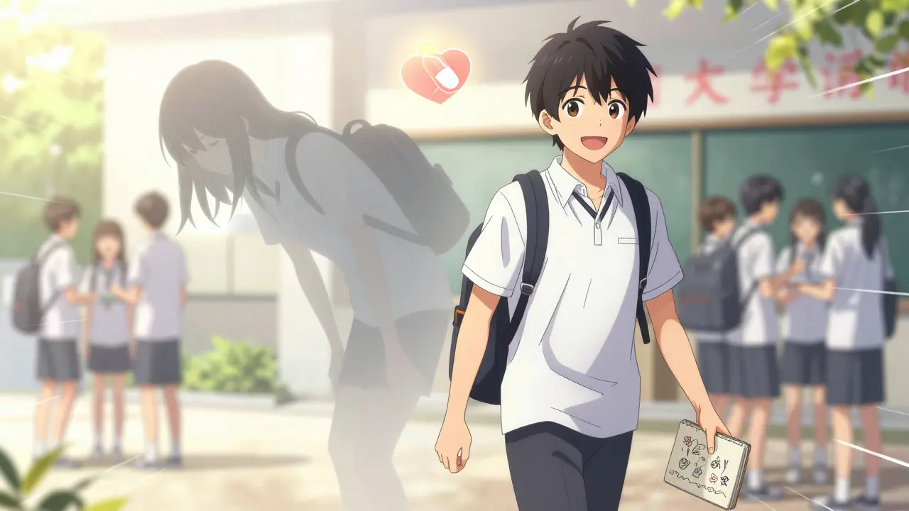 A recovered teen walks into school, leaving behind a fading ghost of their depressed self.