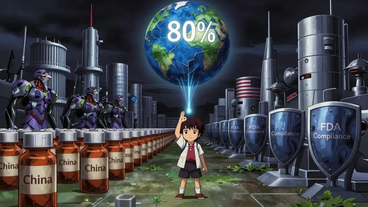 A symbolic battlefield of cheap Chinese pills versus high-tech Western facilities, with a child holding a glowing pill uncertainly.