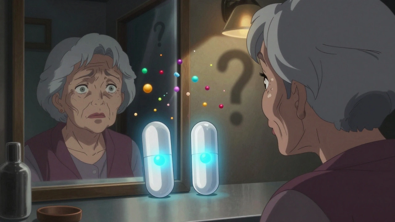 An elderly woman compares brand and generic pills, her reflection showing inner doubt.