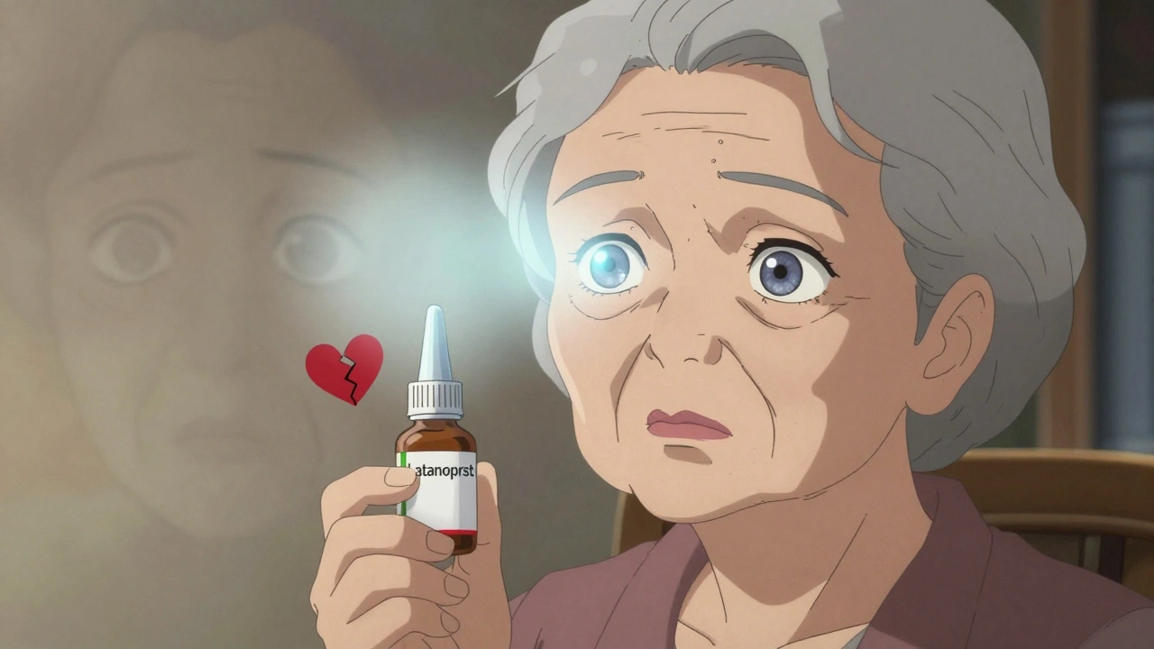 An elderly woman holding two eye drop bottles, one with a heart icon, split between clear and fading vision behind her.