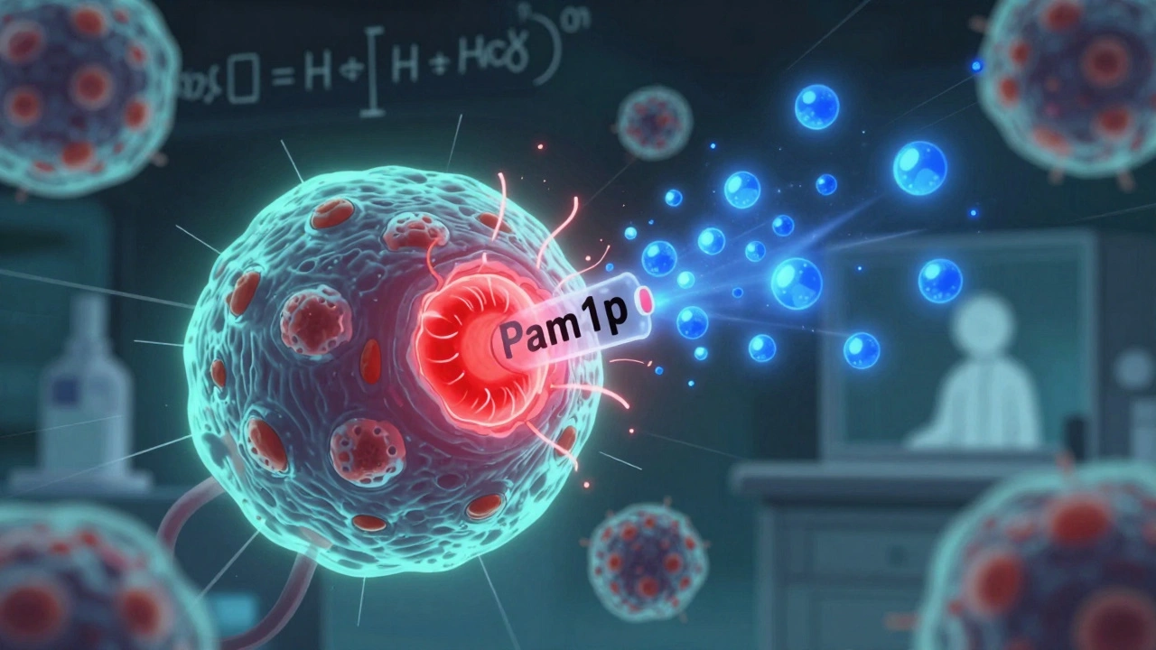 An omeprazole molecule disables a fungal pump, allowing fluconazole to destroy a Candida cell in a bioluminescent lab.