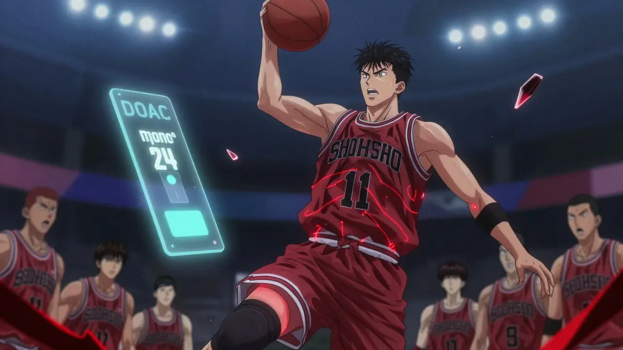 Basketball player mid-fall with glowing impact warnings and a 24-hour dosage timer nearby.