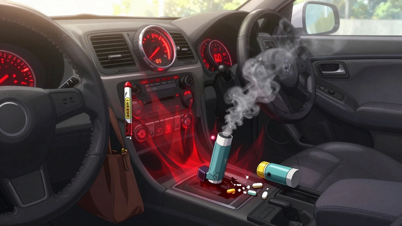 Car interior on a hot day with melting EpiPen and crumbling nitroglycerin tablets under blazing sun.