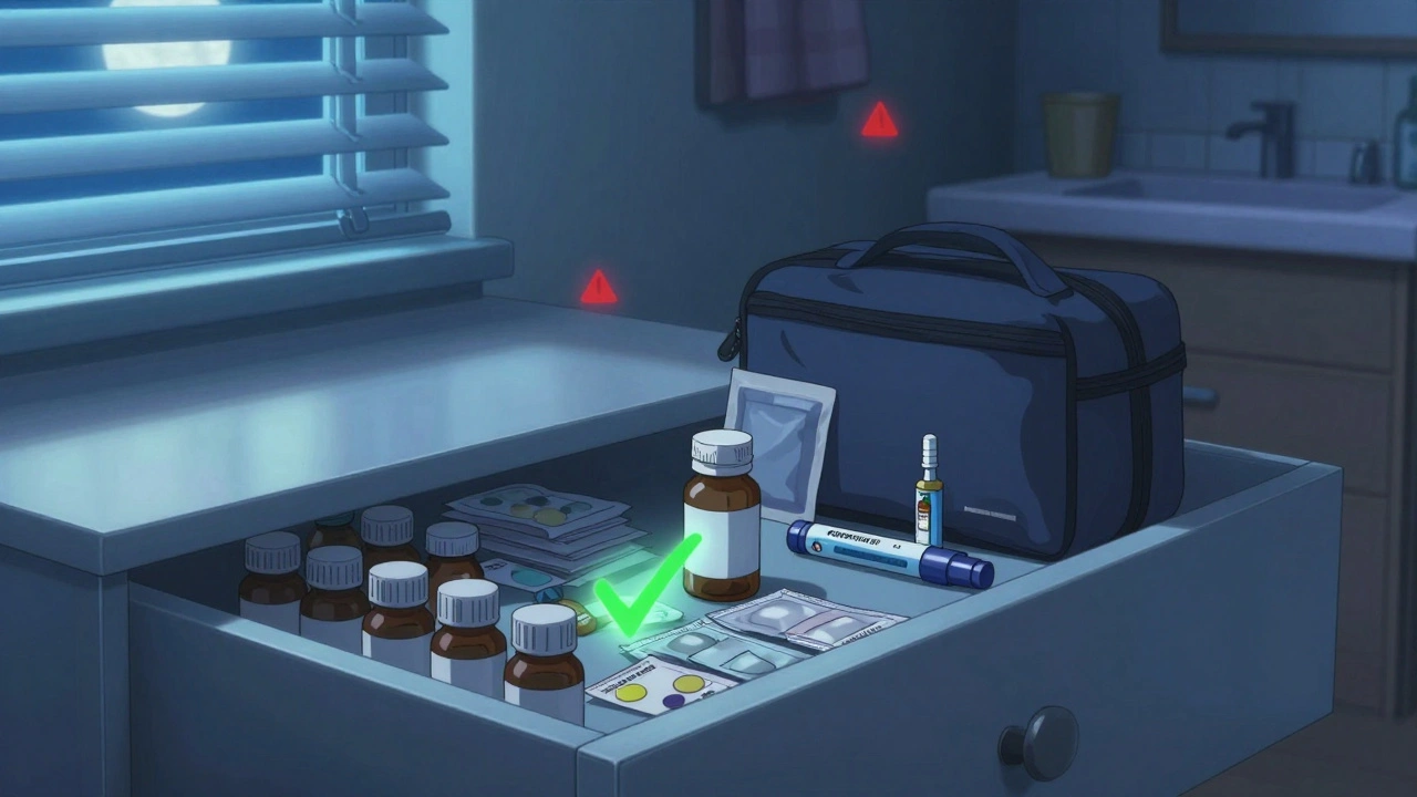 Cool, dark bedroom drawer with properly stored medications and a cooling pack beside insulin.