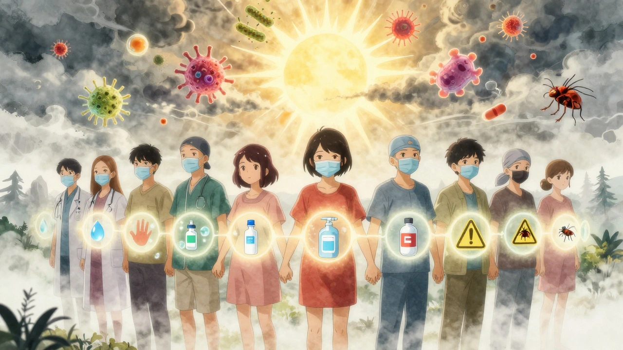 Diverse patients holding hands in an immune system landscape, protected by masks, vaccines, and warning signs.