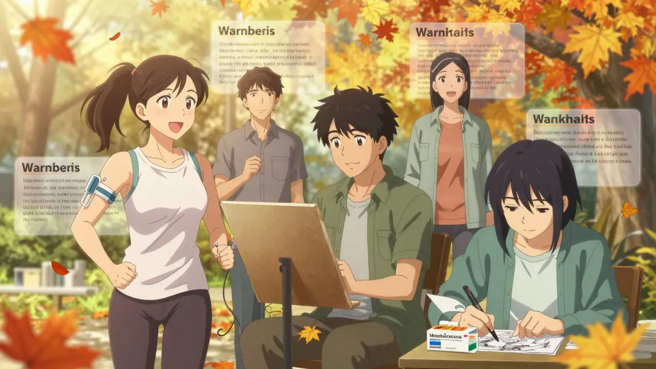 Diverse patients living active lives with managed medication risks, black box warnings fading into sunlight, autumn leaves swirling around them.