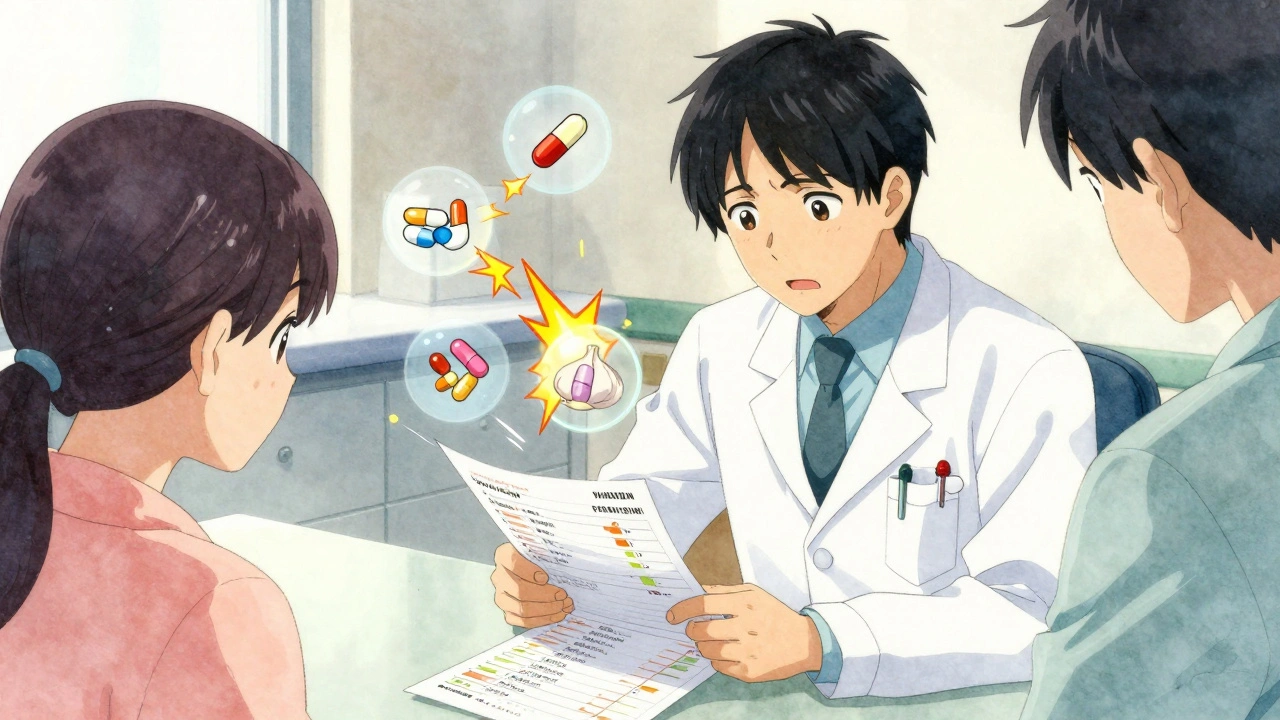 Doctor and pharmacist reviewing medication interactions with a patient in a clinic setting.