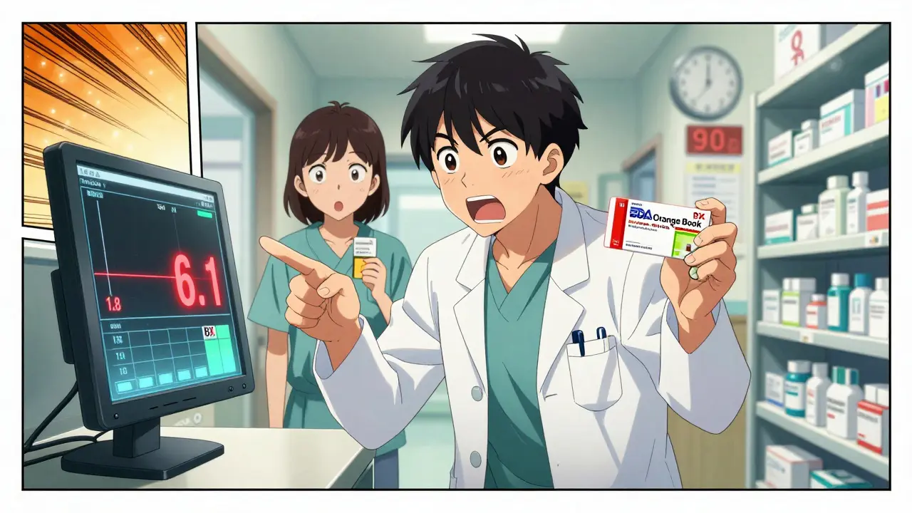 Doctor and pharmacist reviewing TSH lab results with FDA Orange Book showing BX rating.