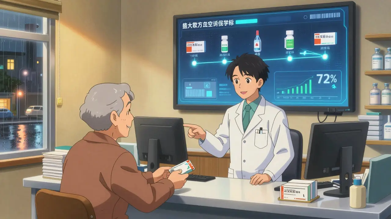 Elderly patient receiving medication as pharmacist shows error-reduction dashboard in a community pharmacy.
